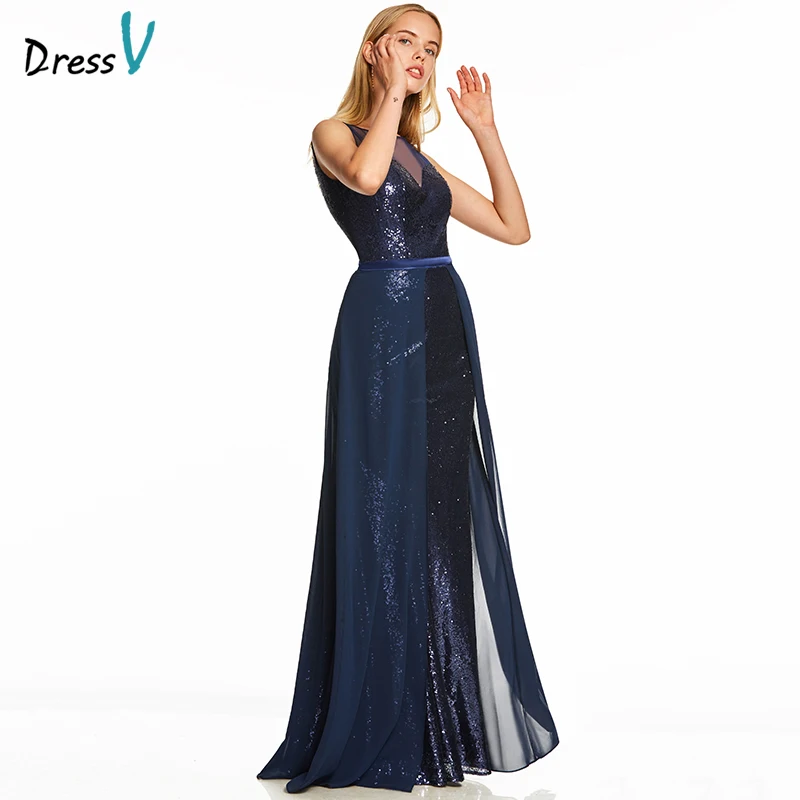 Dressv темно-Королевское синее длинное вечернее платье трапециевидной формы, недорогое вечернее платье без рукавов с круглым вырезом для свадебной вечеринки, вечернее платье с блестками es