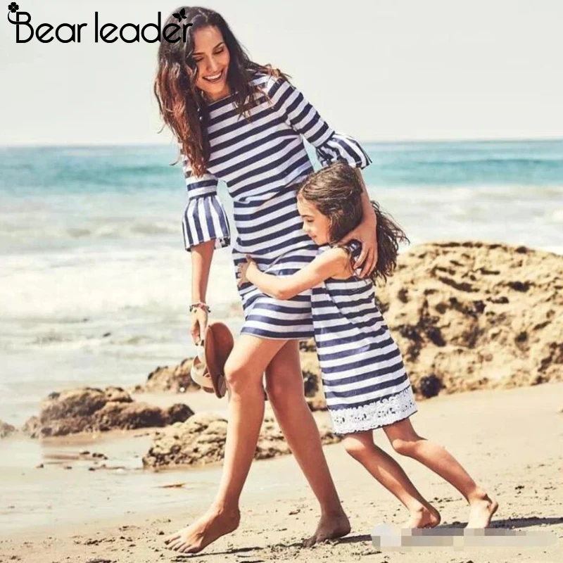 

Bear Leader Striped Dress 2018 Spring Family Matching Outfits Mother And Daughter striped dress O Collar lace dresses