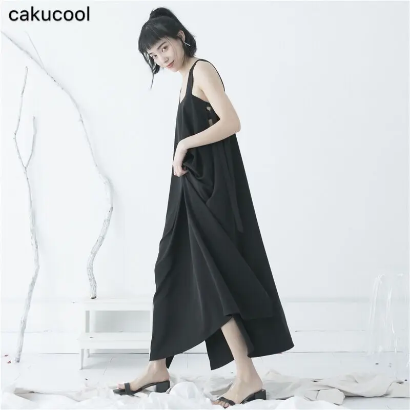 Черное Шифоновое Платье Cakucool на подтяжках новинка весны и лета 2019 женская одежда