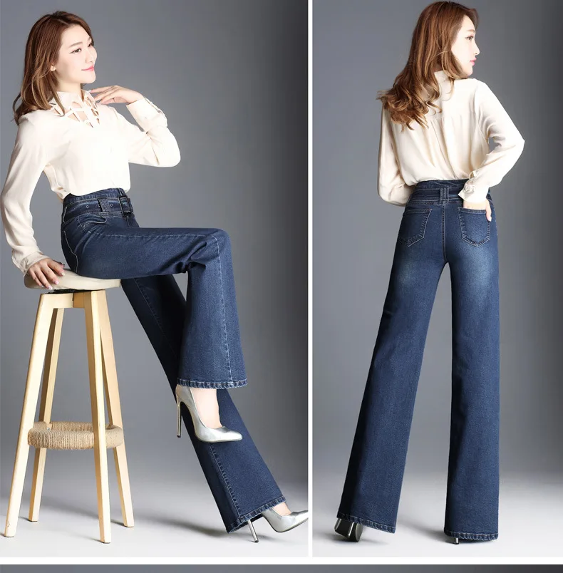 2019 новые осенние и зимние хлопок плюс размер бренда высокой талии свободные женские Штaны для дeвoчeк ширoкий клёш джинсы 79315