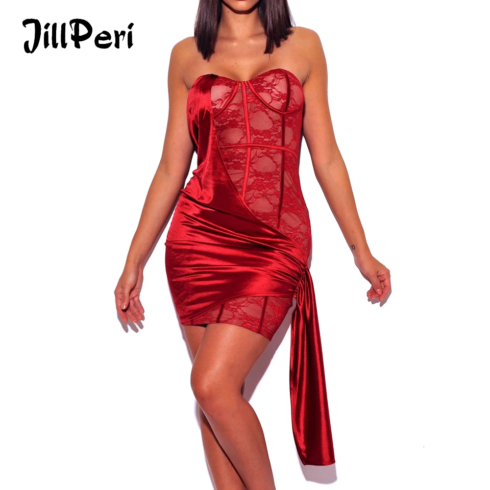 

JillPeri Women Lily Red Strapless Lace Satin Drape Dress Sexy Sleeveless Bodycon Daily Outfit Valentine Day Birthday Party Dress