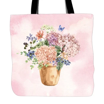 

Hydrangea Flowers Printed Tote Bag For Shopping Food Convenience Women Shoulder Canvas Hand Bags Two Sided Printing