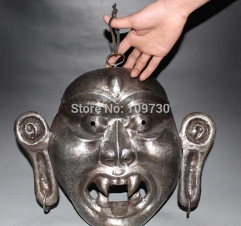 

002958 16" Chinese Tibetan Buddhism 100% Pure Silver Mahakala Buddha Head Mask Statue