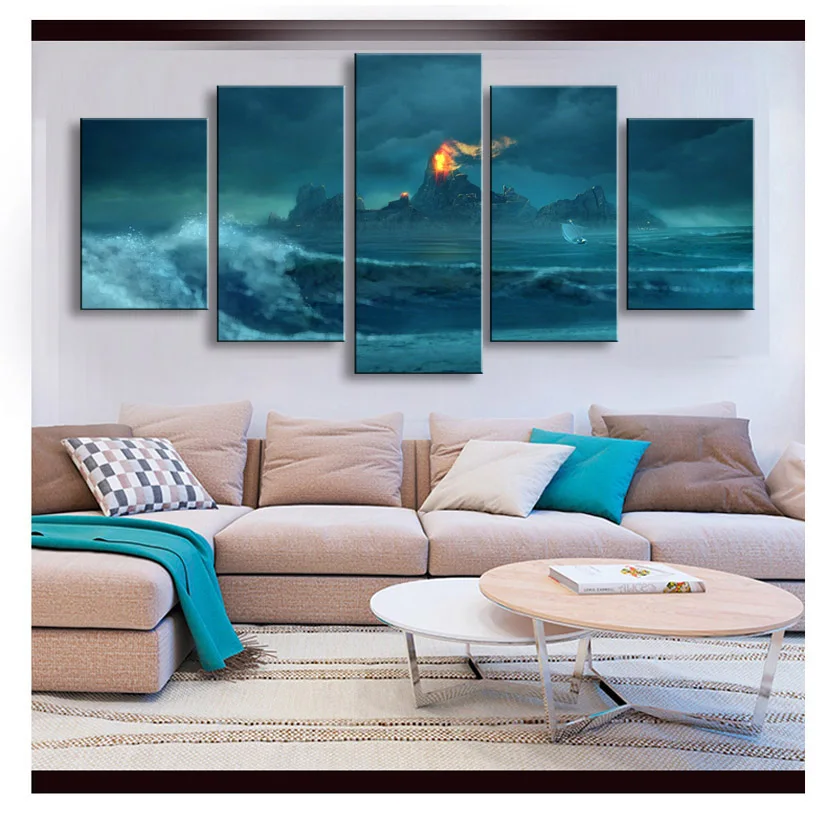 5 pieces high-definition print Volcanic island canvas oil painting poster and wall art living room picture HaiD-002 (6)
