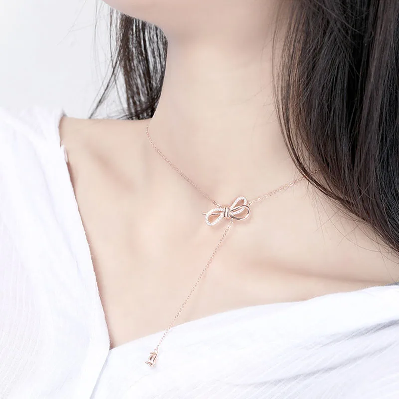 

QA377 High quality initial necklace bowknot fashion rose gold pendants necklaces women tassel 925 sterling silver jewelry