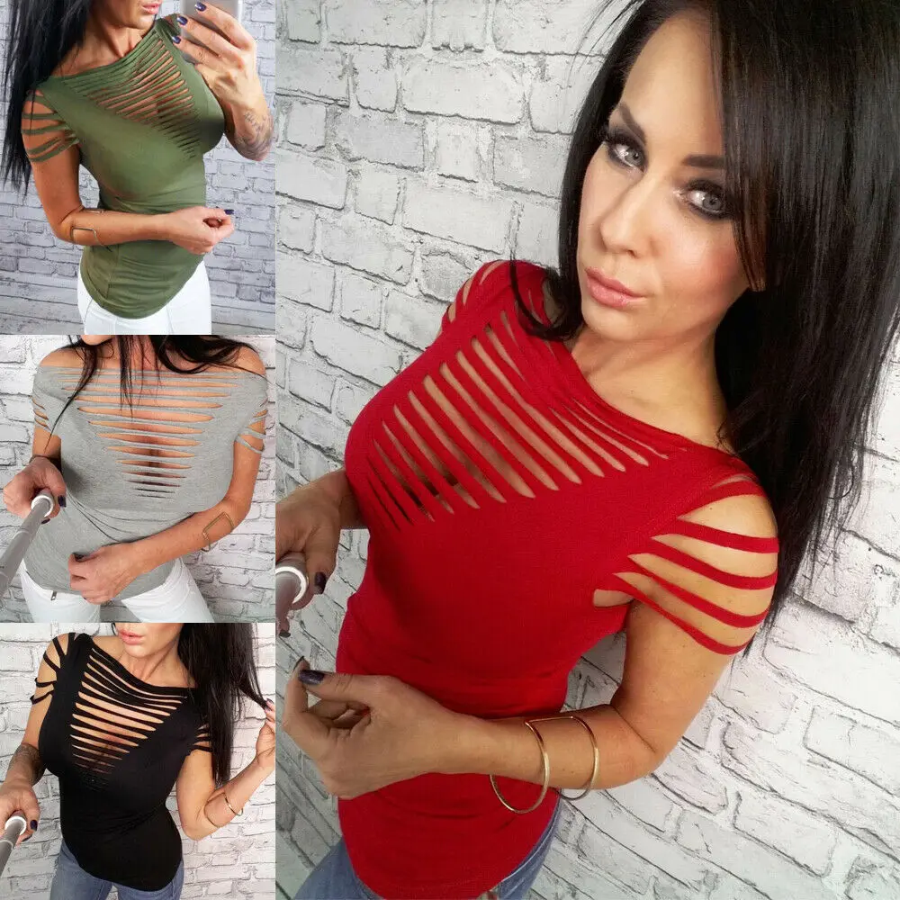 

Fashion Women Summer Short Sleeve Hollow Out Bandage Tops Casual Sexy T-Shirt Clubwear Casual Summer Bodycon T-shirt