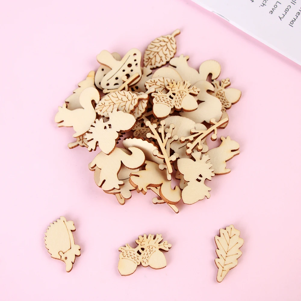 

50Pcs/Set Squirrel Leaves Mushroom Shape Mixed Wooden Craft Scrapbooking Hedgehog Decoration Embellishments