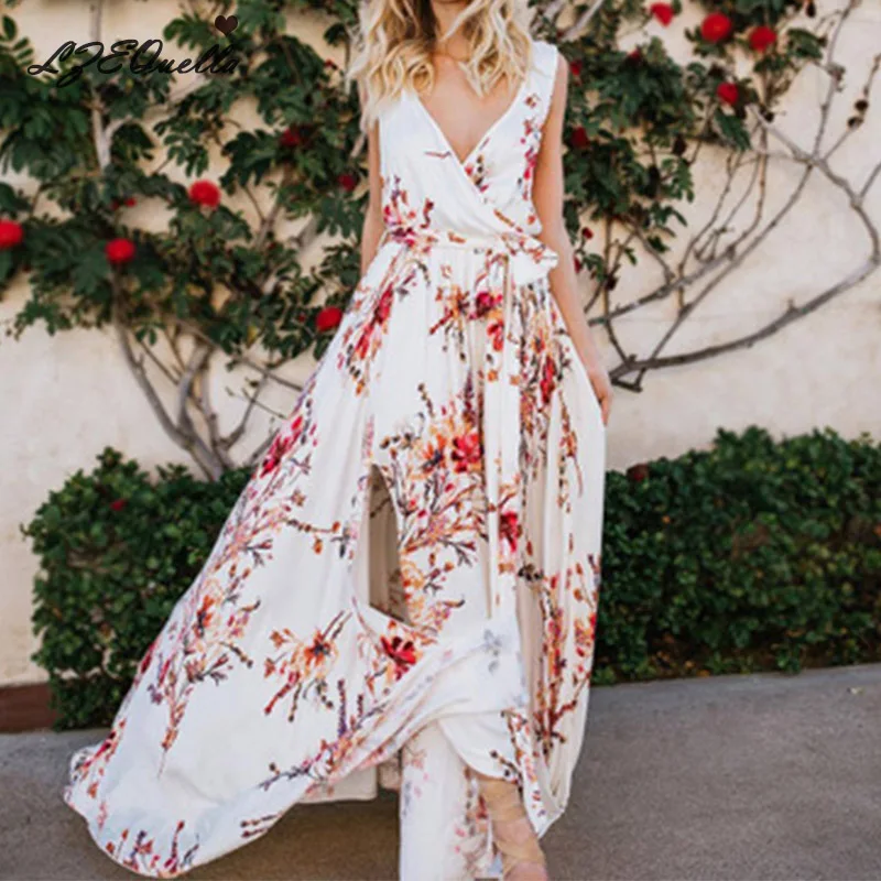 

Summer Sleeveless boho Dress Women Sexy Beach Sundress Floral Print Split Dress Party Holiday V neck Sashes Long Dresses