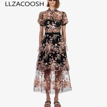 

Self portrait Dresses 2019 Summer New Fashion Designer black embroidery Women Dress Elegant Mesh short Sleeve Ruffles cake Dress