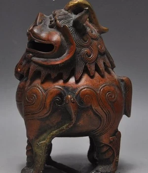 

6"old Chinese bronze gilt Foo Dog Lion Animal beast incense burner Censer statue