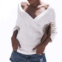Пикантные Для женщин V шеи крест Трикотажные Свитера, Пуловеры выдалбливают 2018 зимние кашемировые Для женщин свитер спинки уличной джемпер
