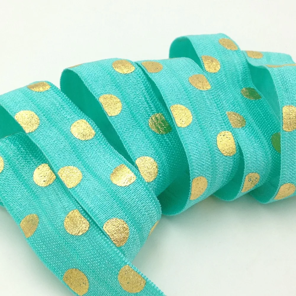 

5 Yards 5/8 Turquoise Big Polka dots Gold printed Fold over Elastic, DIY Hair elastic,baby headband, Sewing supplies