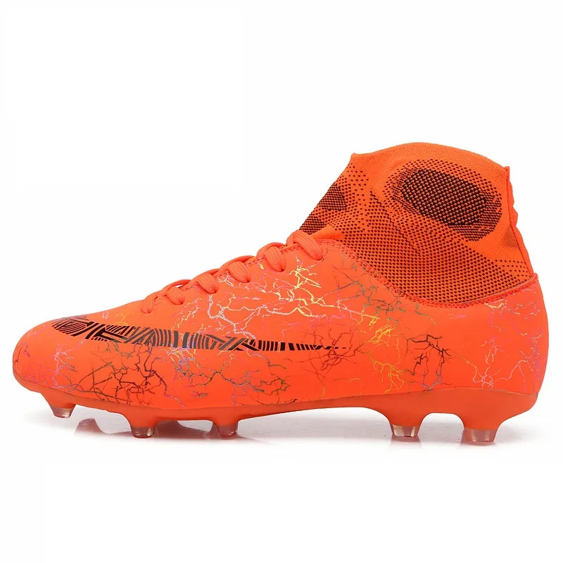 Мужские Студенческие футбольные бутсы для взрослых; высокие уличные футбольные бутсы; TF/FG Спортивные кроссовки для тренировок; Zapatos De Futbol - Цвет: Orange