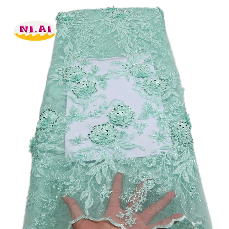 

3D Applique African Lace Fabric, Beautiful Grey Embroidered Tulle Lace Fabric, Handmade Beaded Heavy Lace MR1519B