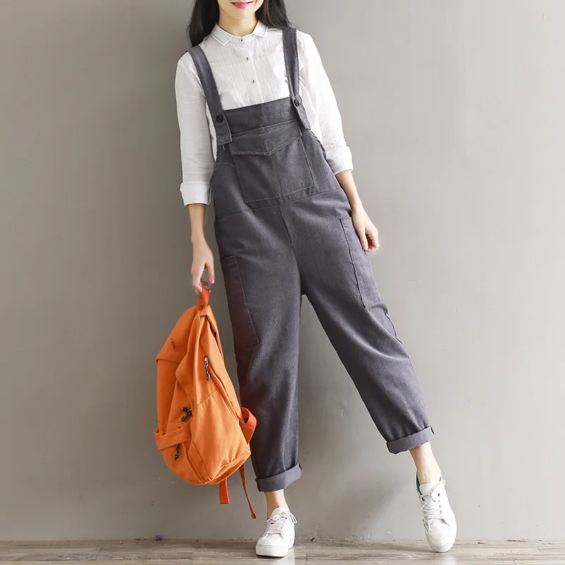 Women's Jumpsuit Belt Pants Pocket black Spring New Corduroy Trousers Carts Loose Size See And Literary College Large Casual Windy gray f6654