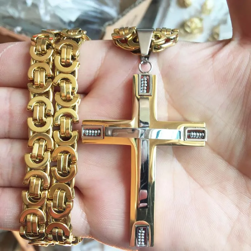 

21.65" 8.5mm Link Byzantine Chain Christian Necklace for Father Gold Color Heavy Men Steampunk Necklaces Christan Cross Colar
