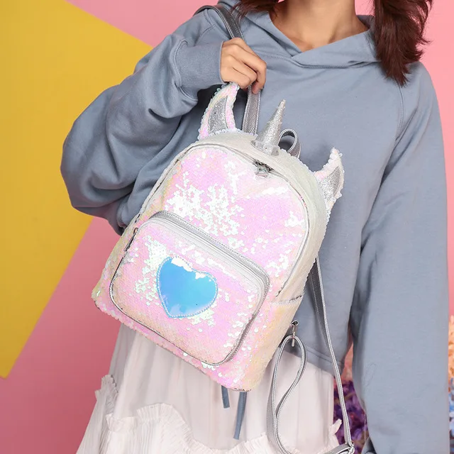 Rdywbu 2 lentejuelas unicornio Mochila de moda brillo libro de la Escuela de chicas lindo holograma láser de cuero de la PU de viaje Mochila B616