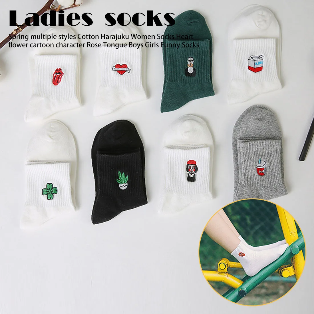 Новые женские хлопковые короткие носки с принтом «Killer Cupid Moustache Milk Cola Clover Love Smile Face»