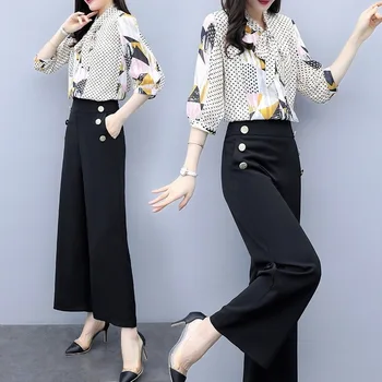 

Women Chiffon Pant Suits Elegant Formal Office Ladies Business Work Pantsuits Blouse Shirt Wide Leg Trousers Set Spring Summer