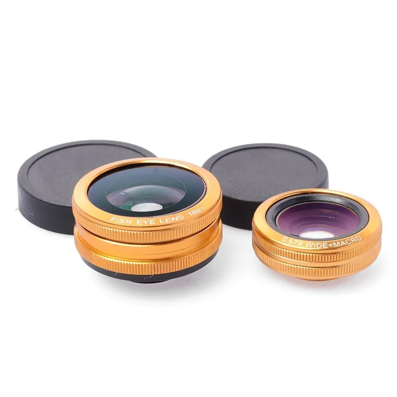 3 в 1 клип на телефон объектив рыбий глаз 0.67X широкоугольный 10X Макро объектив камеры Универсальный HD объектив Комплект для IPhone 7 6 S Plus SE huawei - Цвет: Gold Phone lens