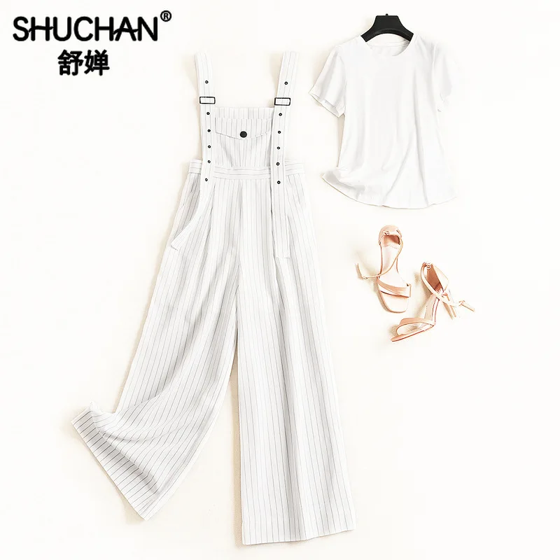 

Shuchan Two Piece Set Top and Pants Cotton T-shirt + Striped Rompers Fashionable Sets for Women Korean Style Suit 51650