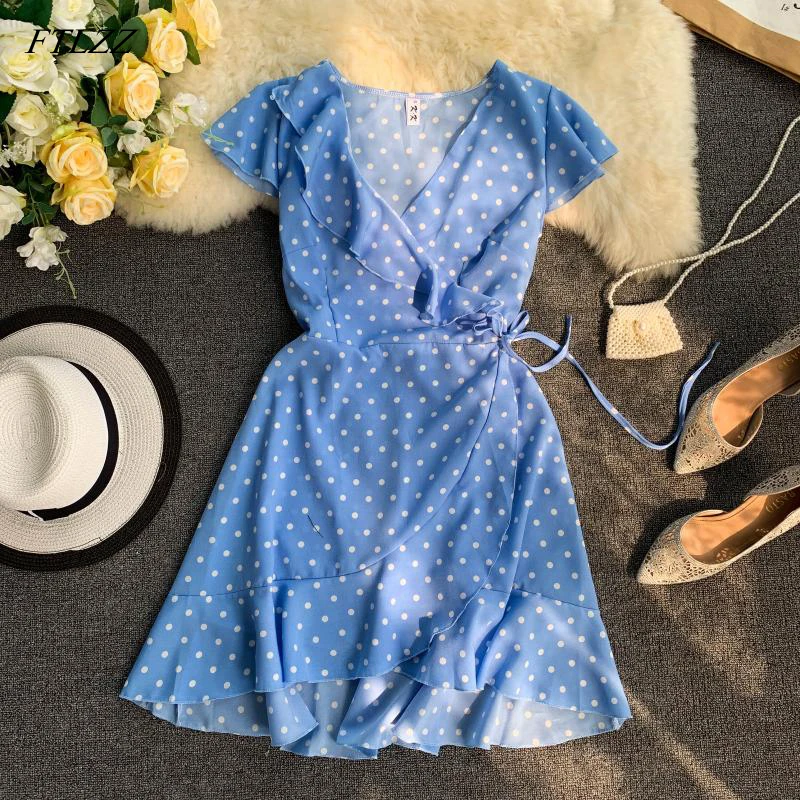 

FTLZZ Women's Polka Dot Mini Dresses 2019 New Summer V-neck Irregular Ruffled Lace-up Ruffles Short Dress Bohemian
