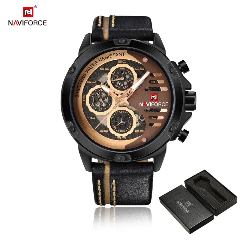Relogio Masculino NAVIFORCE 9110 мужские часы лучший бренд класса люкс Золотые спортивные водонепроницаемые военные кварцевые кожаные часы на запястье мужские часы - Цвет: NA911004 with box