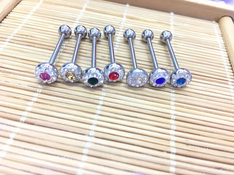 LOT50pcs  Surgical Steel CZ GemsTongue Ring Bar Nipple Barbells Body Piercing 14G~1.6mmx16mm NEW  Arrived Body Piercing Jewelry image_1