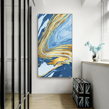 Cuadro de lienzo de lujo con diseño de años dorados abstractos, póster de Azul grande, arte de pared para sala de estar, decoración de salón