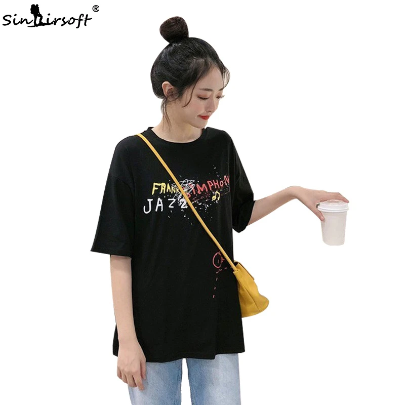 

Summer T Shirts Women Letter Graffiti Casual Loose Tee Shirt Femme Korea Style O- Neck Tops White Black Bottoming Clothes 2019