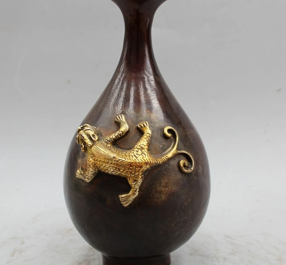 

9" Marked Chinese Dynasty Palace Bronze Gilt beast Dragon Flower Bottle Vase