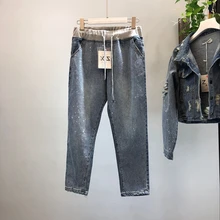 Женские джинсы с вышивкой, расклешенные, отбеленные, бисероплетение, шнурок, эластичный пояс, брюки с высокой талией, уличная одежда, горячий дизайн, осень