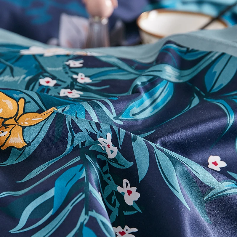 High Density 100S Bedding Sets Navy Blue Plant 3D Flower Printed 4pcs Bed Linen Set Cotton Double Bedsheet Set Queen King Size