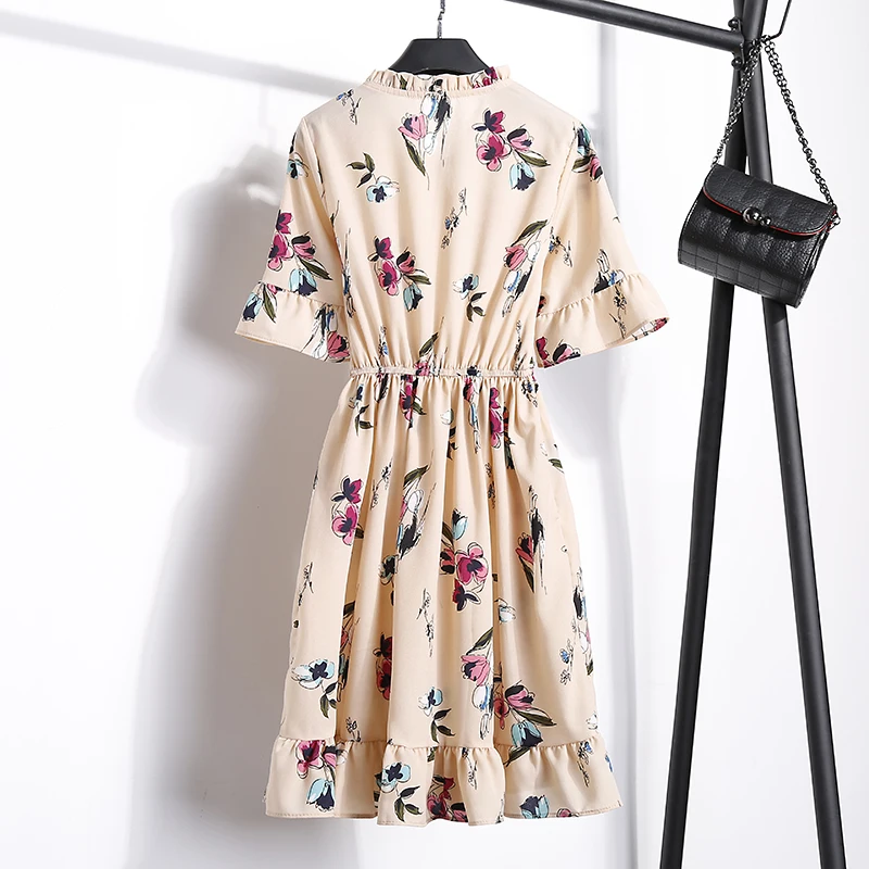 2018送料無料新ファッション花柄シフォンサマードレス甘い薄いスリム女性のワークウェアプリントドレスカジュアルかわいいホット