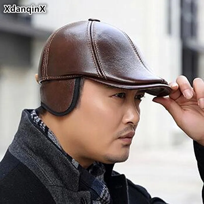 

XdanqinX Cowhide Leather Hat Autumn Winter Men's Genuine Leather Berets Thick Warm Earmuffs Hats Bone Fashion Snapback Dad's Hat