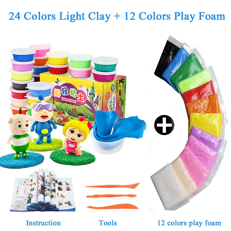 24 Colors Light Clay + 12 Colors Play Foam Playdough Light Soft Fimo Polymer Clay Model Magic