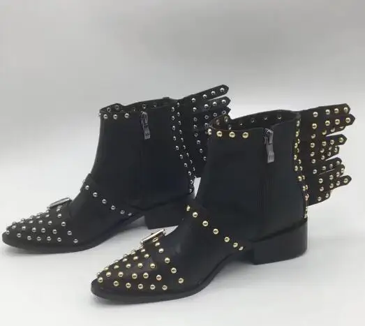 

2022 New Fall Women Black Gold/Sliver Studs Spikes Rivets Wings Pointed Toe Buckle Low Heels Zip Riding Short Ankle Boots