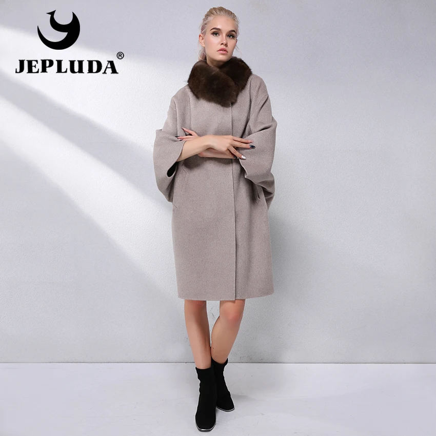 JEPLUDA Высокое Содержание 90% Кашемирового Пальто с Меховым Воротником Натуральный