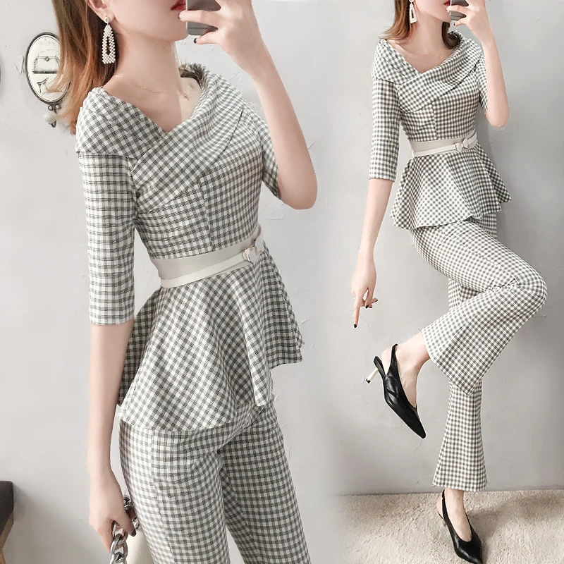 Plaid Summer Costumes For Women Two Piece Set Top And Pants Trendy Woman Suit Ensemble Femme Deux Pieces Year-old Female Costume