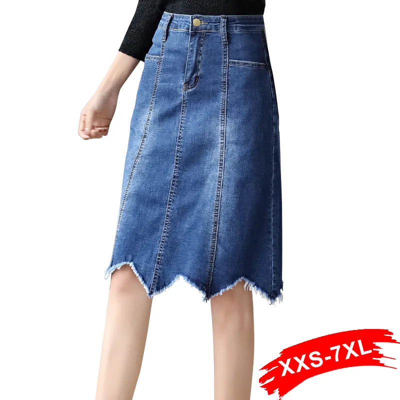 

Plus Size Women Hem Wave A-Line Short Denim Skirts 7Xl Summer Spring Streetwear High Waist White Wash Knee-Length Jeans Skirt