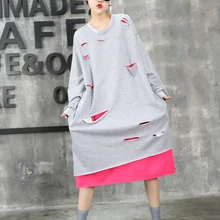 Плюс размер Oversizd пэчворк контрастный цвет рваные Длинные футболки уличная Harajuku пуловер свободная футболка женский Топ корейский