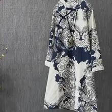 Женское льняное платье с принтом чернил весна осень китайский национальный хлопок длинный рукав с пряжками винтажный свободный женский халат