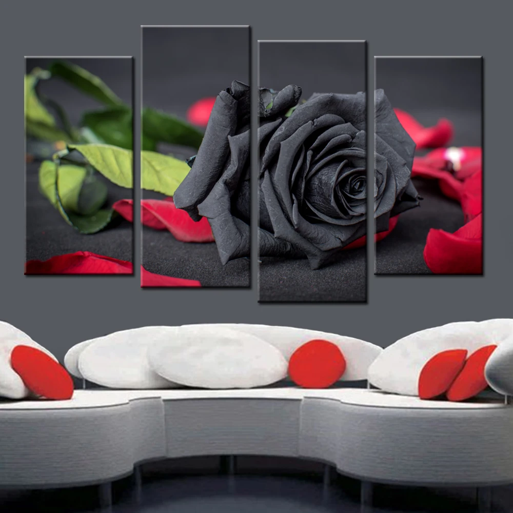 New 4 Piece Canvas Picture Black Rose Framless Posters and Prints
