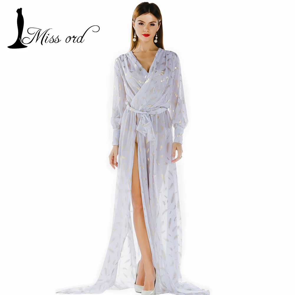  Free Shipping Missord 2016 Sexy deep-V long-sleeved printing two split maxi dress FT2858 