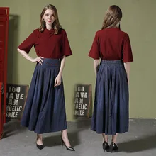 Новинка; сезон весна-осень; ковбойские плиссированные юбки; Женская Джинсовая длинная юбка; большие размеры 6xl; Длинная джинсовая юбка