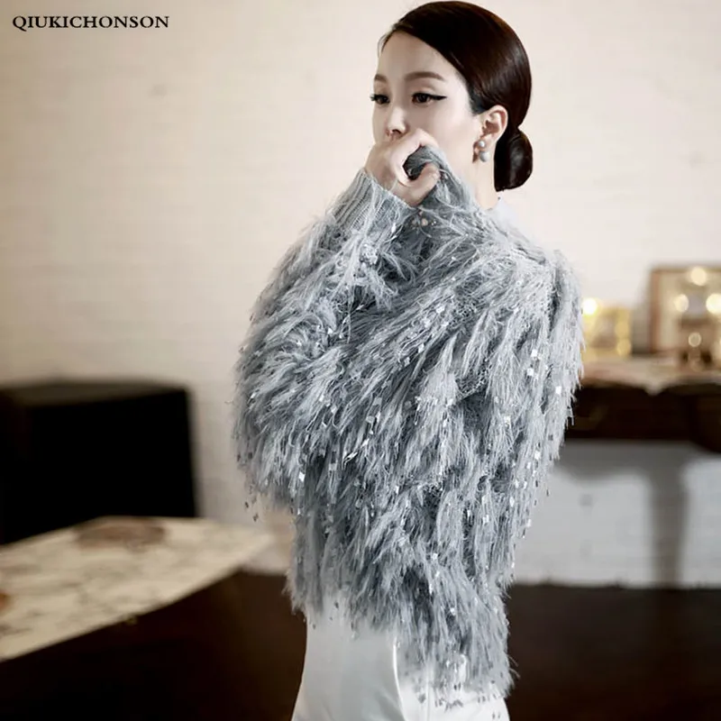 

Shining Spangle Tassel Cardigan Sweater Women Korean Fashion Autumn Winter Streetwear Tops Cute Ladies Fringed Knitted Coat