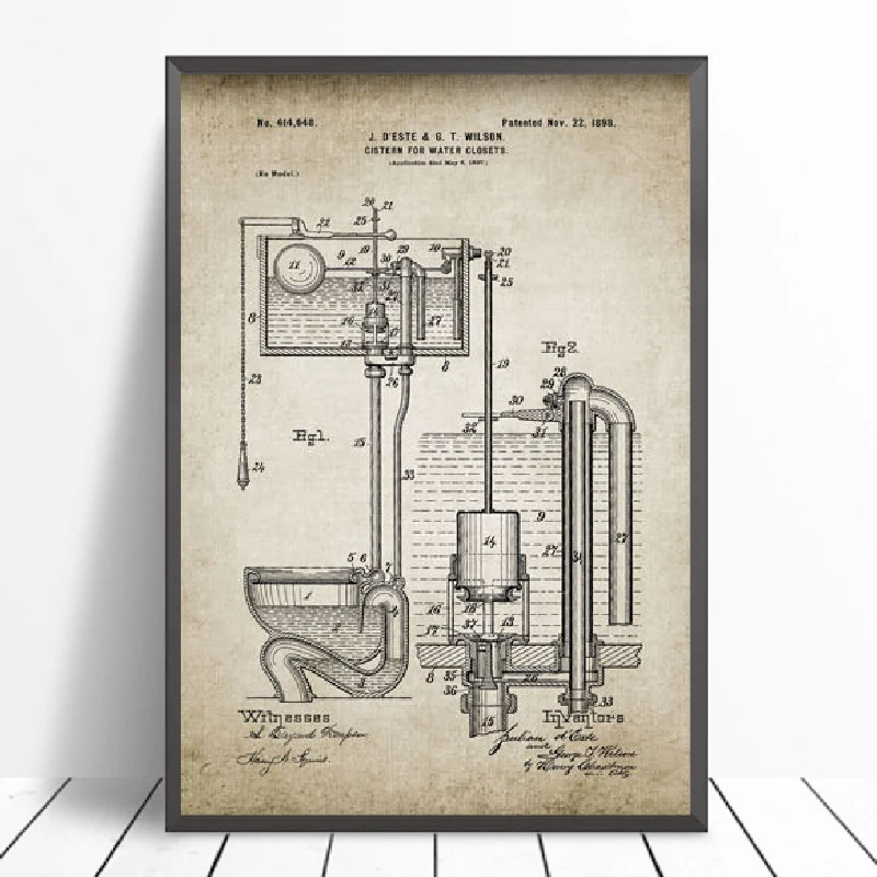 Запатентованный винтажный постеры для ванной, рулон унитаза, цистерна, дизайн туалета, Loo холст, живопись, чертежи, домашний декор для стен