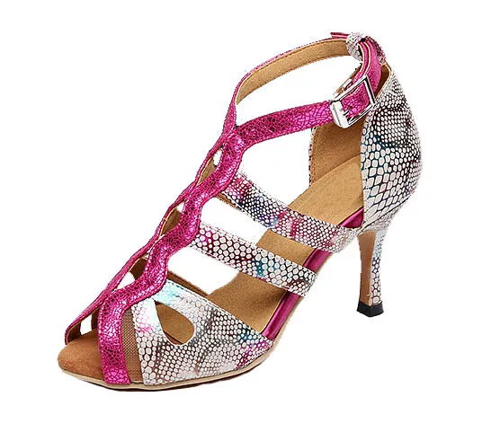 DILEECHI/Женская обувь для латинских танцев; синяя змеиная кожа; женская обувь для взрослых; летняя обувь для танцев на квадратном каблуке; сандалии; Высокий каблук 85 мм - Цвет: rose red heel 85mm