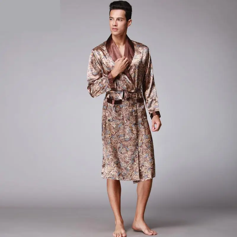 Мужские кимоно, халаты с v-образным вырезом, искусственные шелковые халаты, ночная рубашка для мужчин старшего возраста, атласная одежда для сна, летние пижамы с принтом Пейсли - Цвет: Coffee