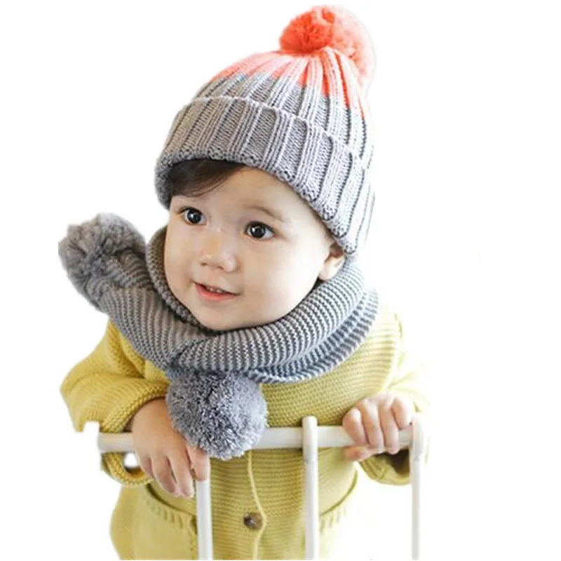 Fashion Knit Double Color Kids Collars +Hat Set Winter Warm Baby Hats with Wool Ball Boys Girls Caps Beanies Children Headwear 
